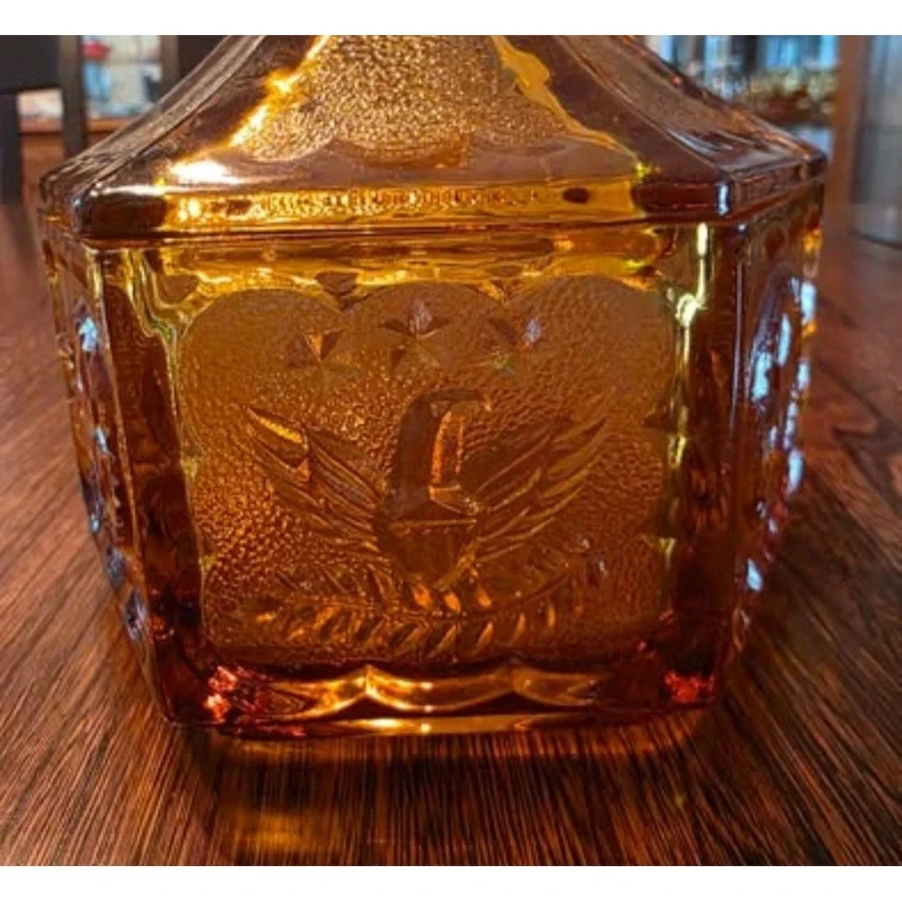 Vintage Tiara Indiana Glass Amber Eagle and Stars Hexagon Candy Dish Patriotic
